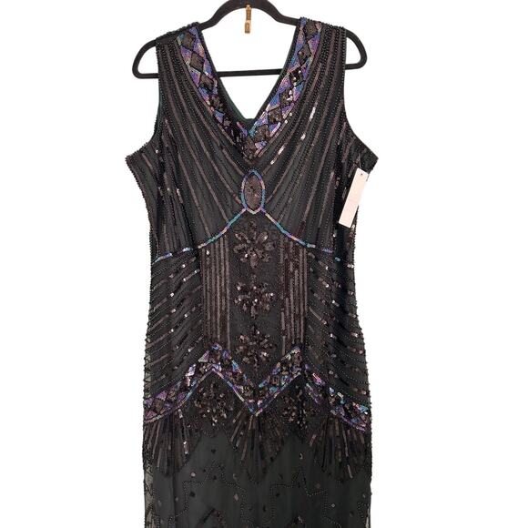 Retro Stage 1920s Fringe Flapper Beaded Sequins Black and Green Midi Dress -XL - Picture 2 of 9